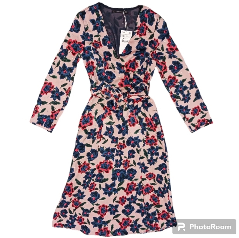 ZARA Trafaluc Wrap Floral Midi Dress Long Sleeve - Picture 4 of 12